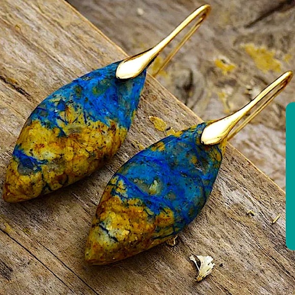 Blue and Brownn Jasper Leaf Earrings Dangle Natural Stone Drop Gift - Picture 3 of 3